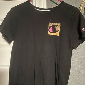 Champion Women’s Black Tee with Pink and Gold Graphic